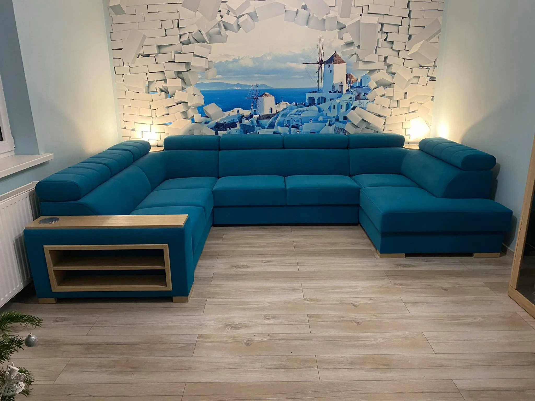 Narożnik Loft 202 morski kolor z beżowymi dodatkami i lampkami LED - obrazek 2