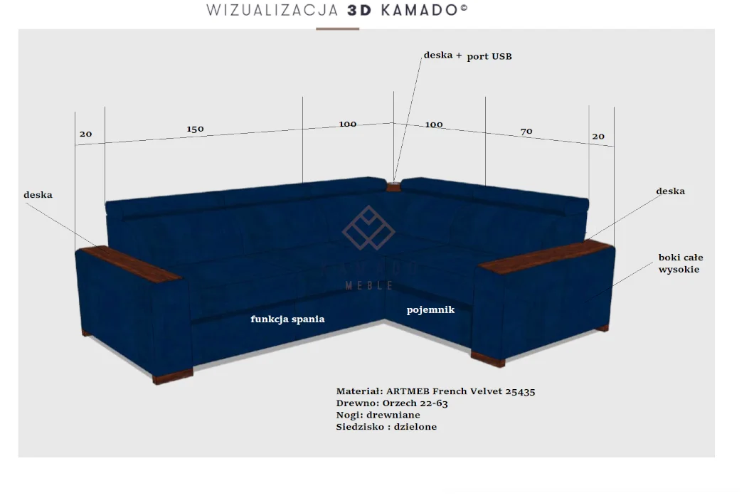 Narożnik Loft 210 granatowy z portem USB - obrazek 8