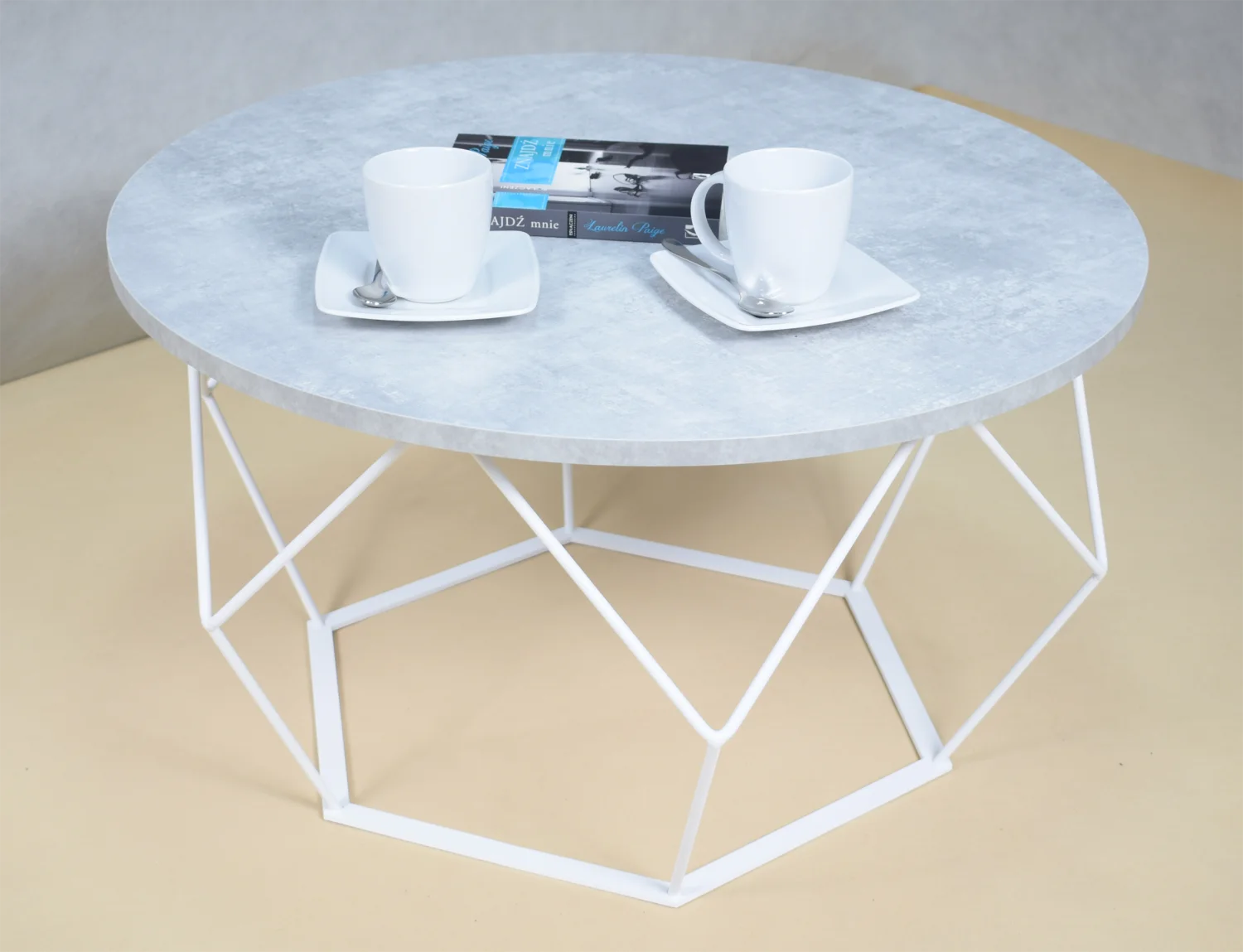 Stolik kawowy druciany okrągły BIAŁY MAT + JASNY BETON - obrazek 6