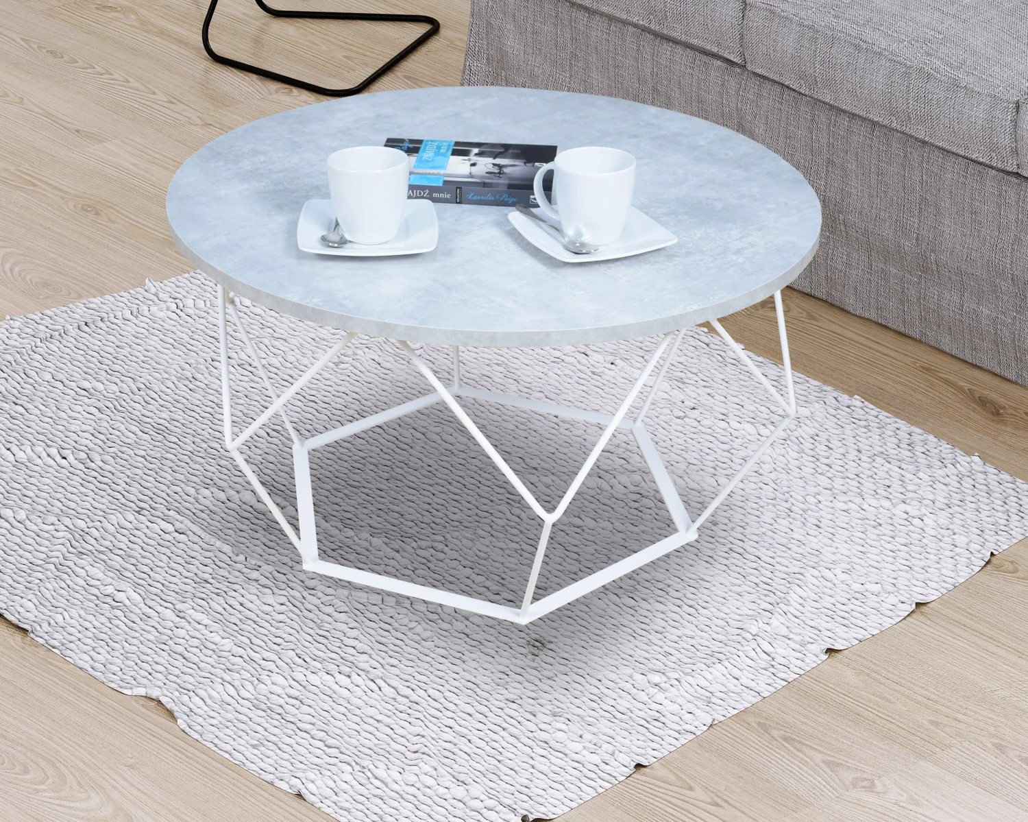 Stolik kawowy druciany okrągły BIAŁY MAT + JASNY BETON - obrazek 3