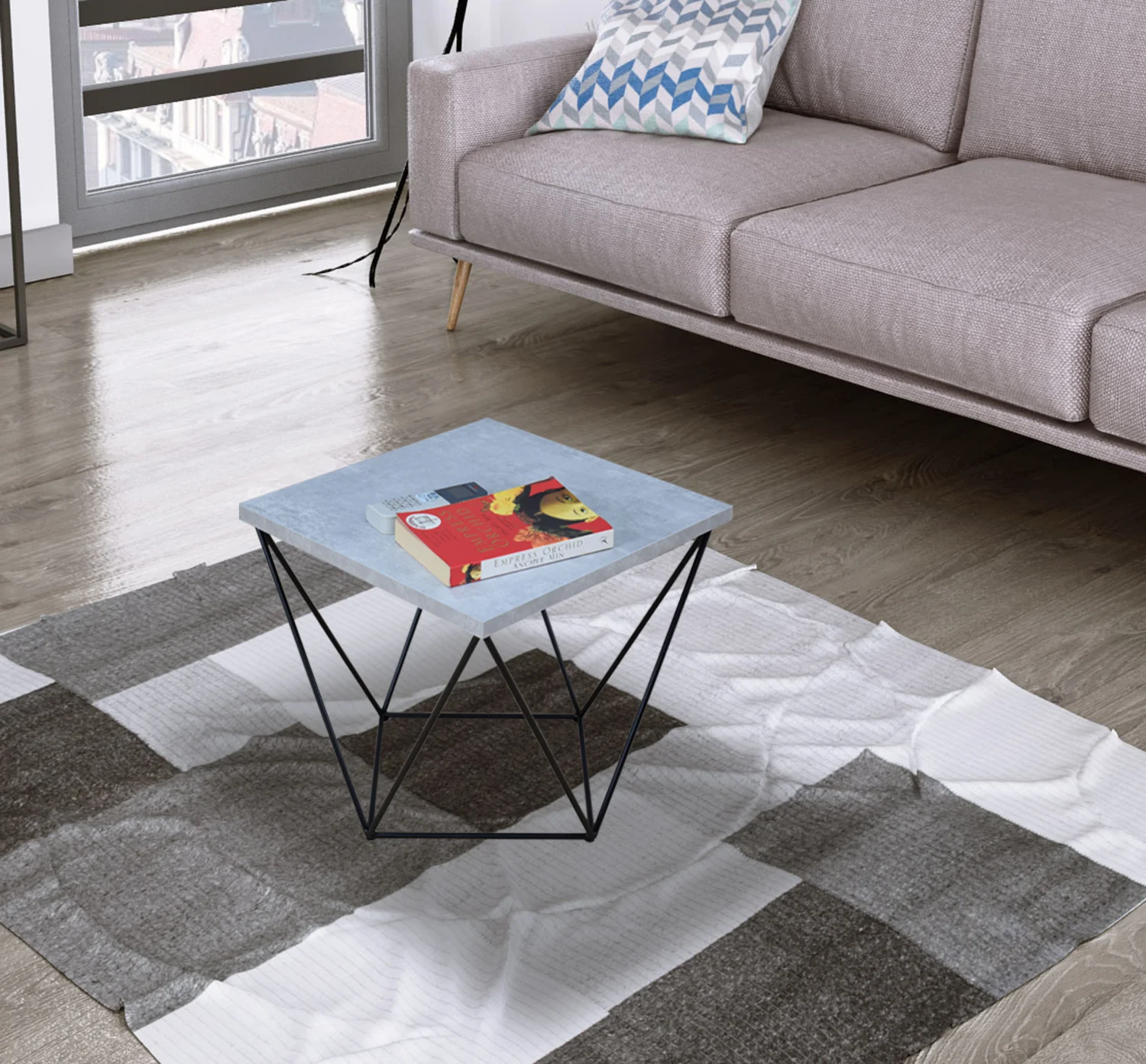 Stolik kawowy druciany kwadratowy CZARNY MAT+ JASNY BETON - obrazek 3