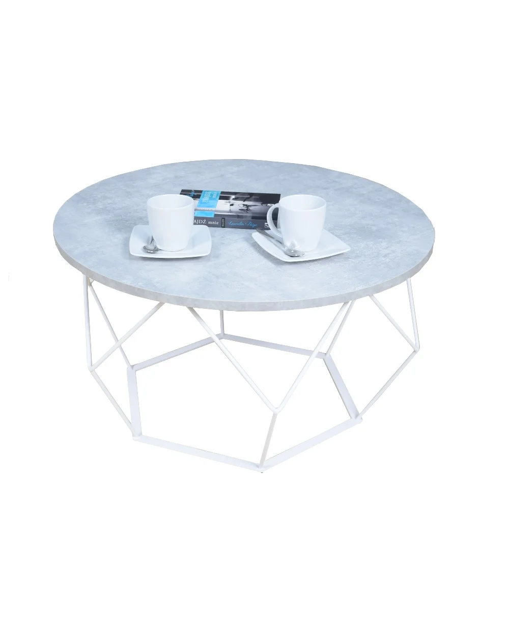 Stolik kawowy druciany okrągły BIAŁY MAT + JASNY BETON